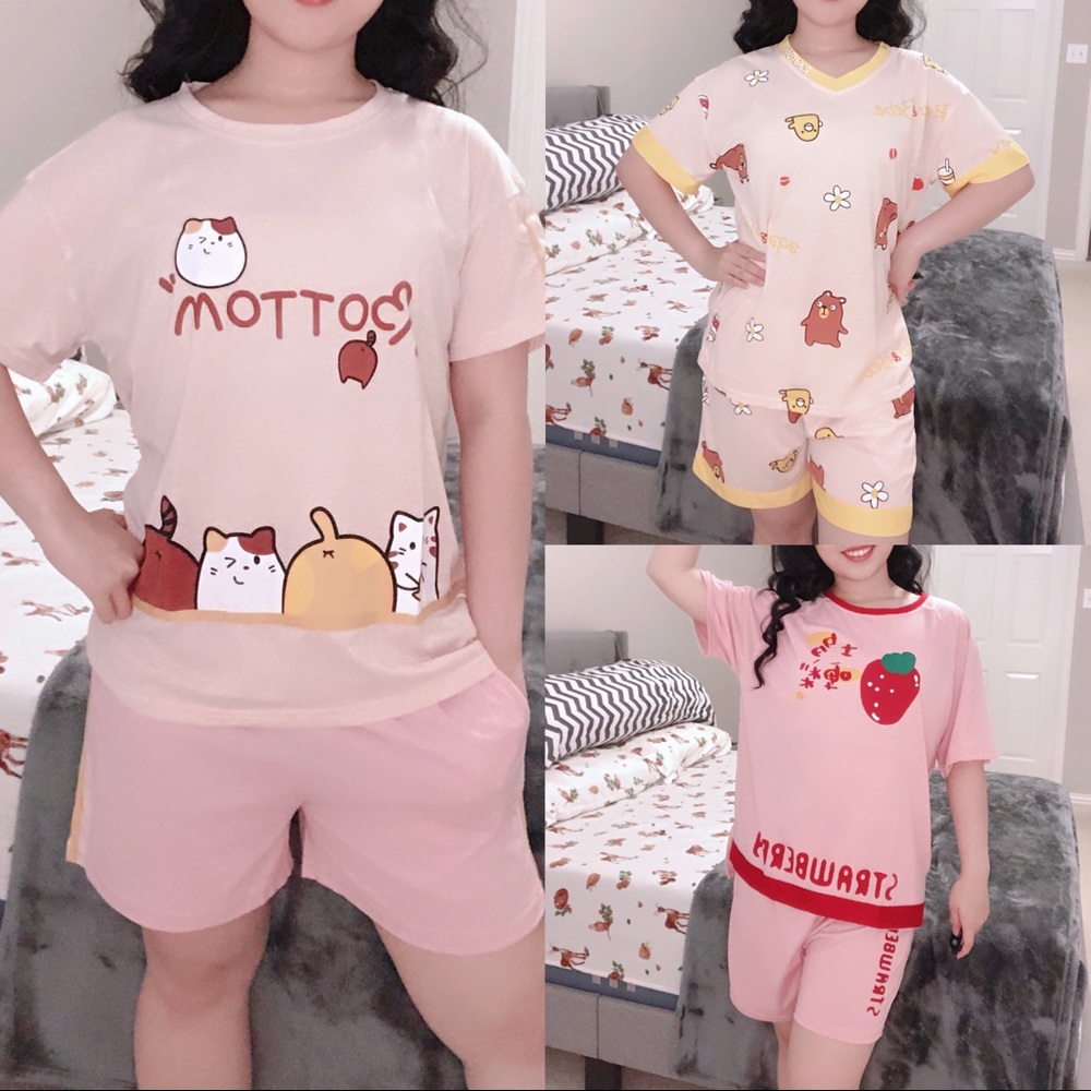 3 Set Women girl cartoon printed cotton short sleeve round neck pajama sleepwear
